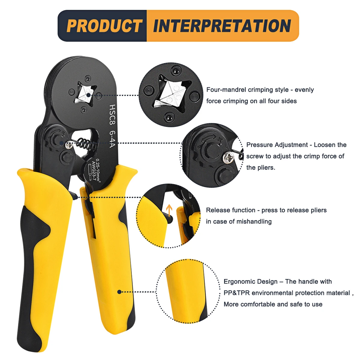 Hsc8 Series Tube Terminals Crimper Pliers Wire Ferrule Crimping Tools 0.25-10mm² 23-7awg Electrician Clamp Sets Wire Tips Tool