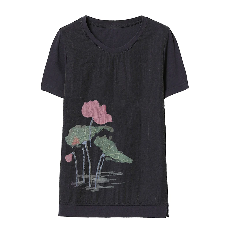 

Lotus T Shirts Women Sumer Loose Embroidery Tees Women Short Sleeve Cotton Linen T Shirts Tops