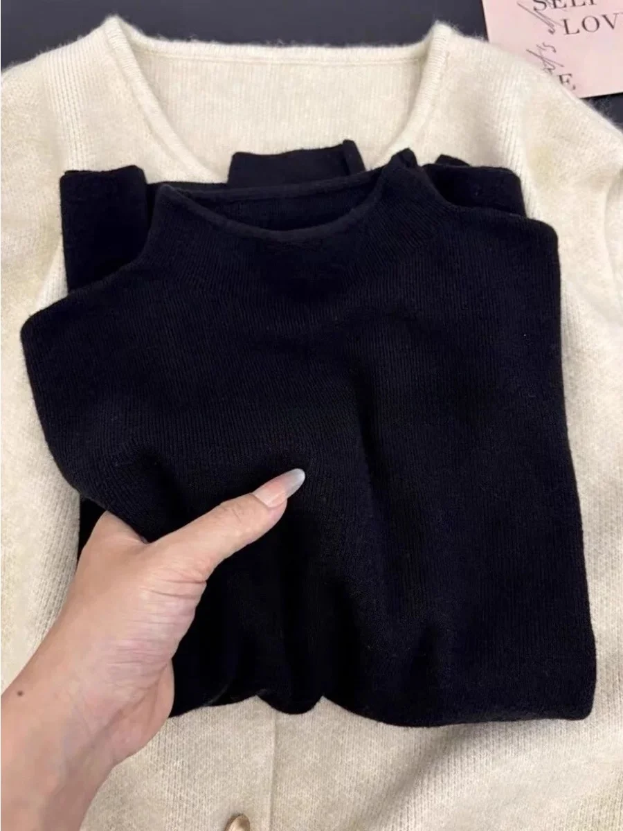 

Slimming Black Knitted Base Shirt Women's Spring Autumn Coat Inner Half High Collar Sweater Loose Fit Long Sleeve round Neck