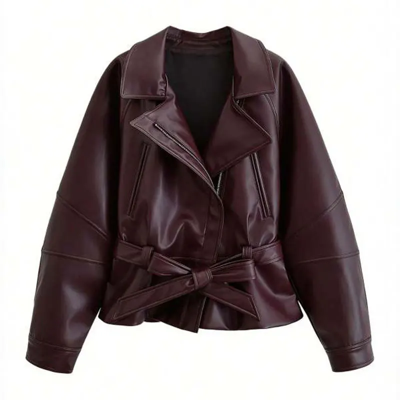 HH Damesmode Zwarte Korte Kunstleer Trenchcoat Lange Mouw Revers Jas Met Riem Vintage Dame Motorjas Uitloper