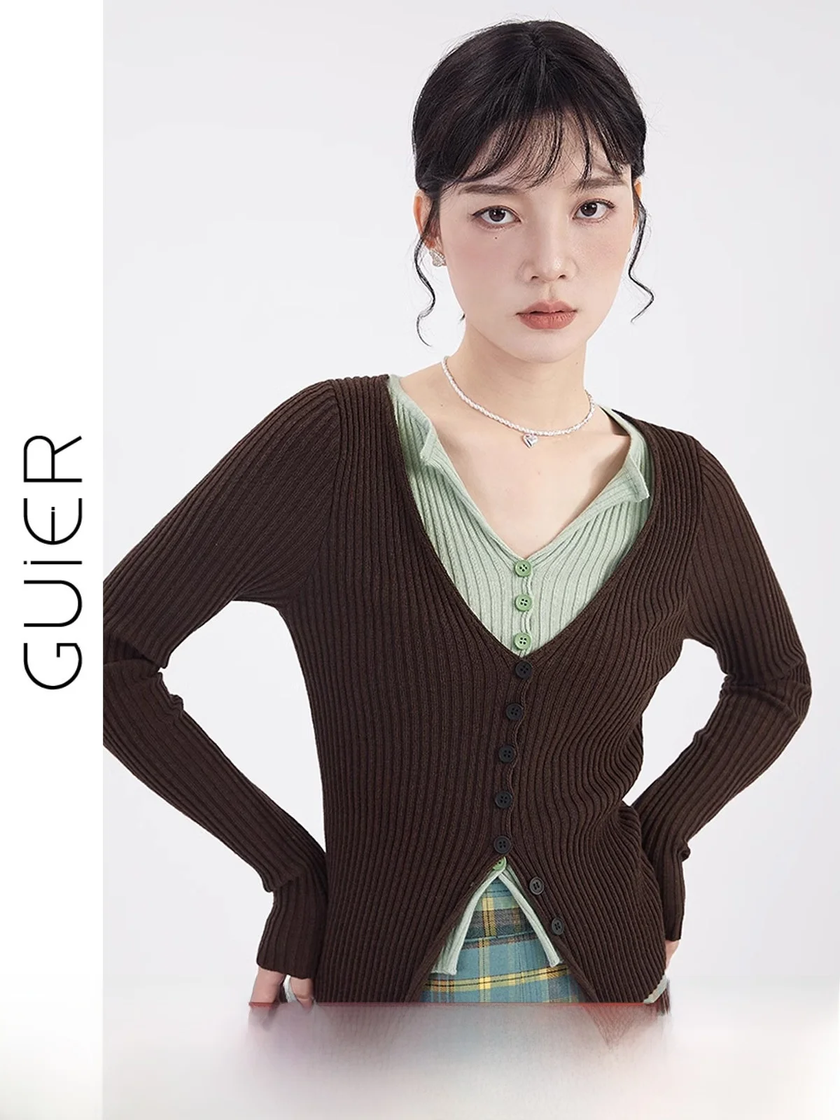 

Guier Women's Slim Fit Knitted Sweater Fake Two-Piece V-Ne Long Sve Cardigan Regular Thin Spring Autumn New Arrival