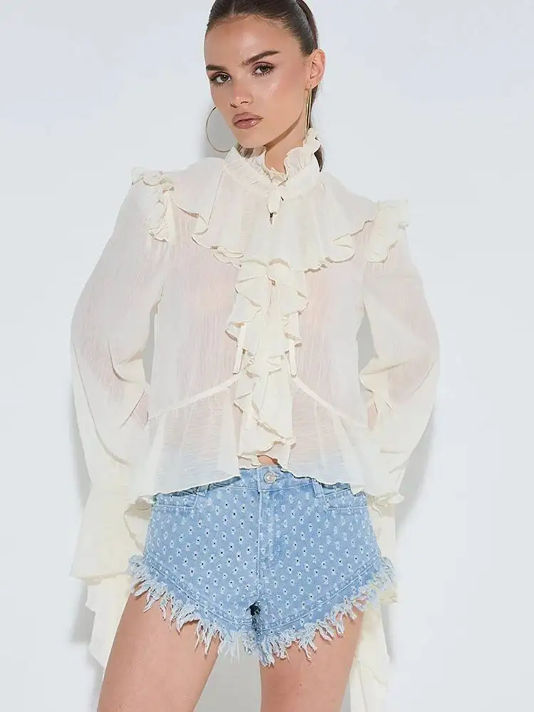 

Fantoye Chiffon Sexy See Through Ruffles Women Shirt Beige Flare Sleeve Lace Up Shirts Autumn Cardigan Loose Elegant Streetwear