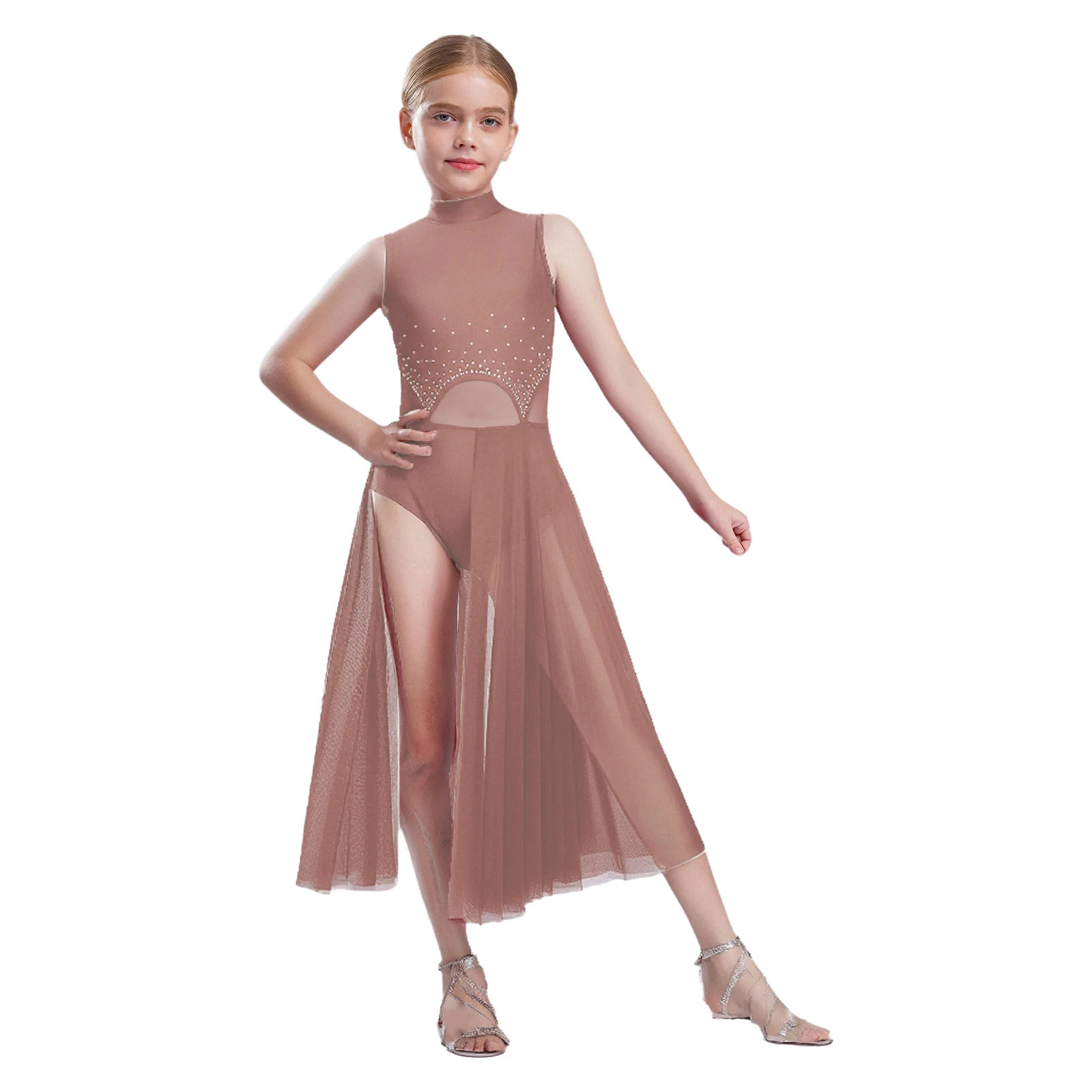 الفتيات فستان رقص غنائي الراين الباليه فستان معاصر بلا أكمام بقماش شفاف سبليت الجمباز الشكل التزلج ازياء #4