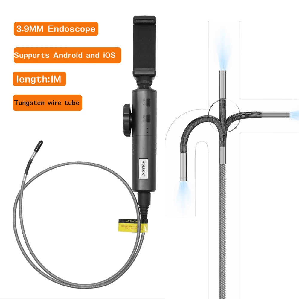 WDLUCKY 3.9mm 1M 360° Articulating Borescope Endoscope Camera waterproof IP67 with Light Endoscope with Android/iOS Phone
