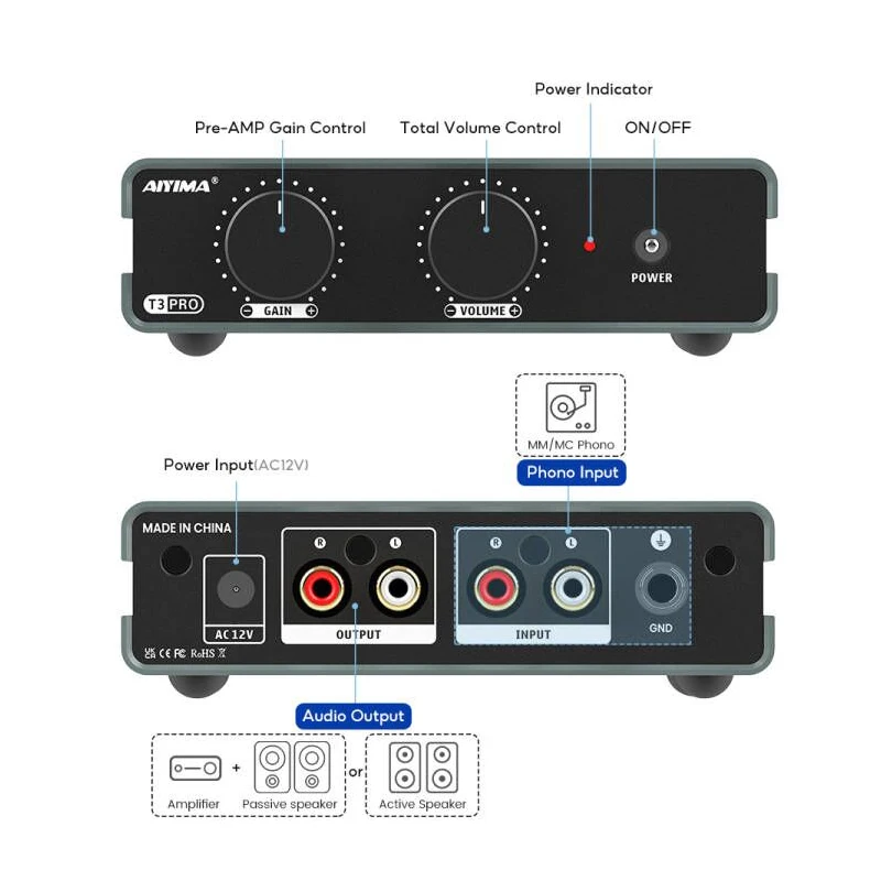 AIYIMA T3 PRO MM/MC Phono Preamplifier Vinyl Record Player Home Audio Hifi Turntable Preamp Amplifier Phonograph AC12V Supply