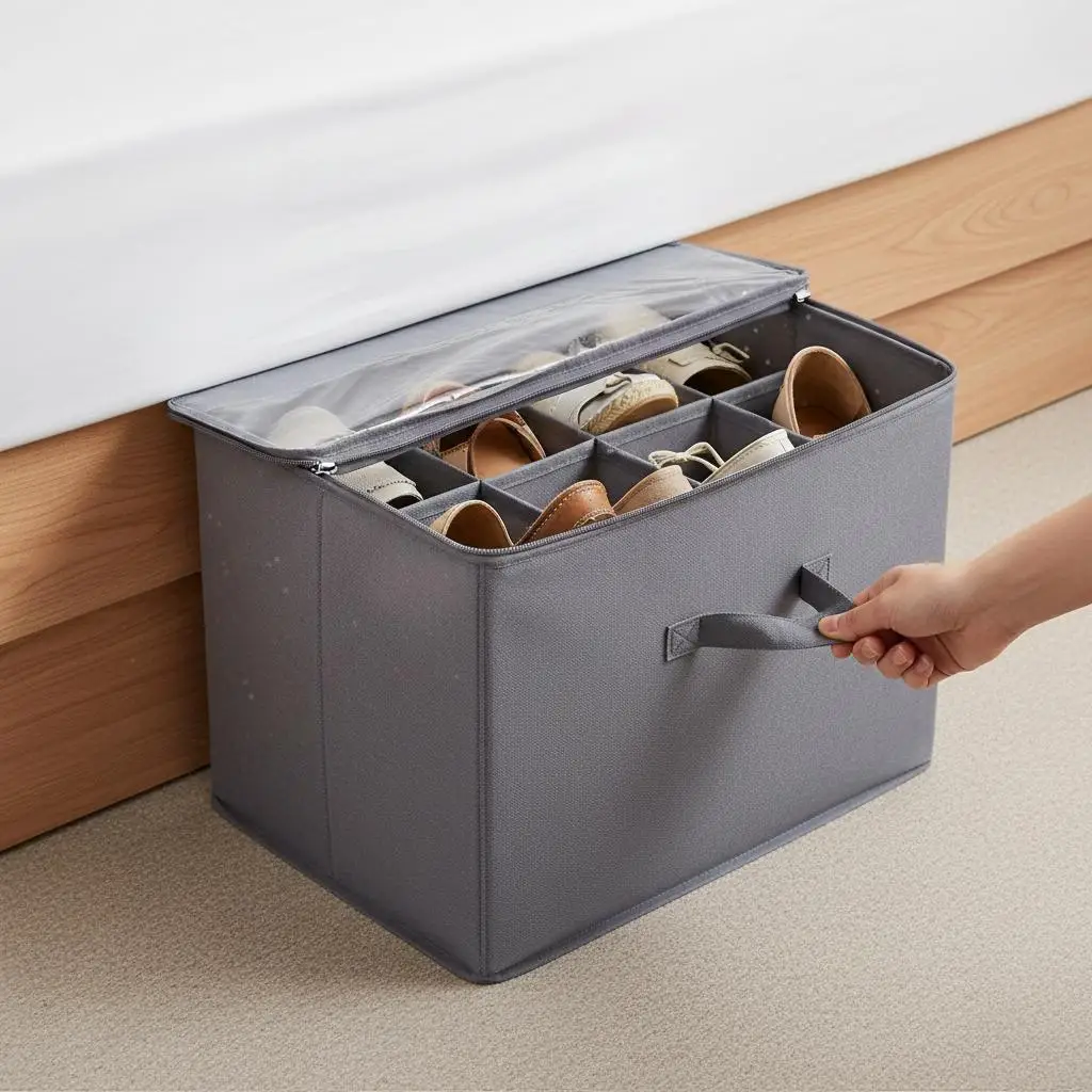 

Органайзер для обуви под кровать с 16 отделениями для шкафа, общежития, спальни, с регулируемыми разделителями, прозрачным окном, тканевой ручкой, дышащий