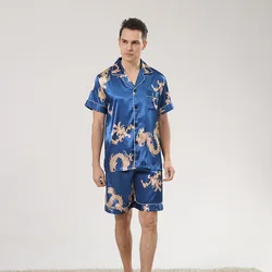 Conjunto de pijama con estampado de dragón azul para hombre, ropa de dormir de satén con cuello vuelto, manga corta, para estar en casa, Verano