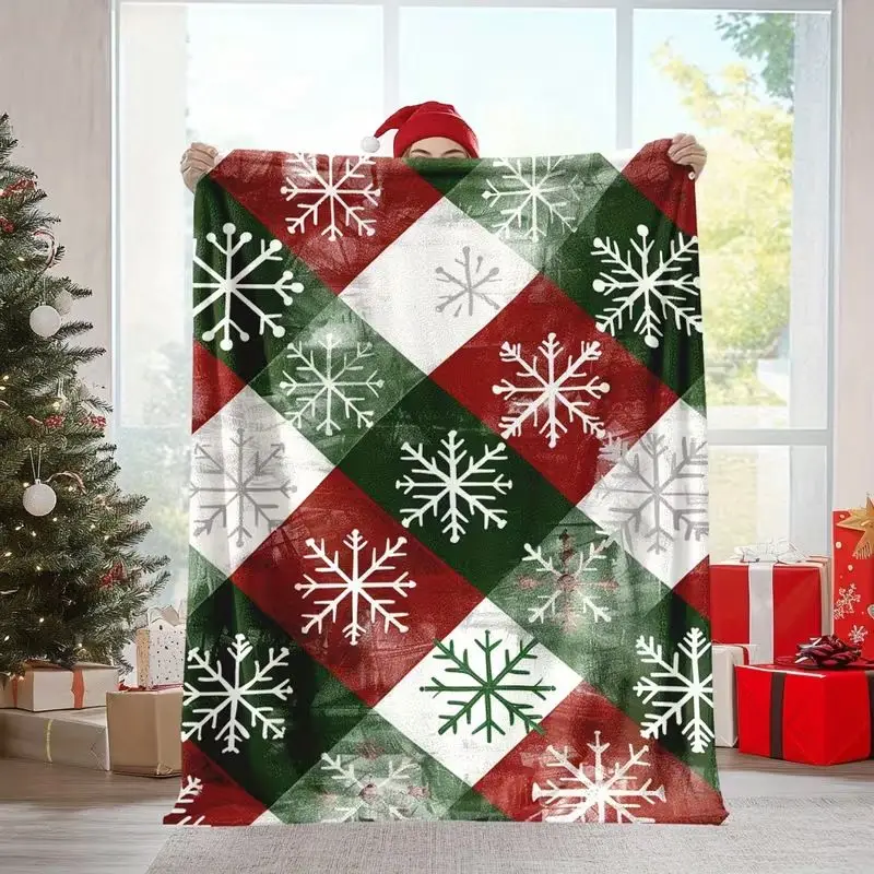 VIKAMA Christmas Snowflake Plaid Flannel Throw Blanket Red Green Diamond Lattice Print Soft Warm Holiday Sofa Bed Decor Blanket