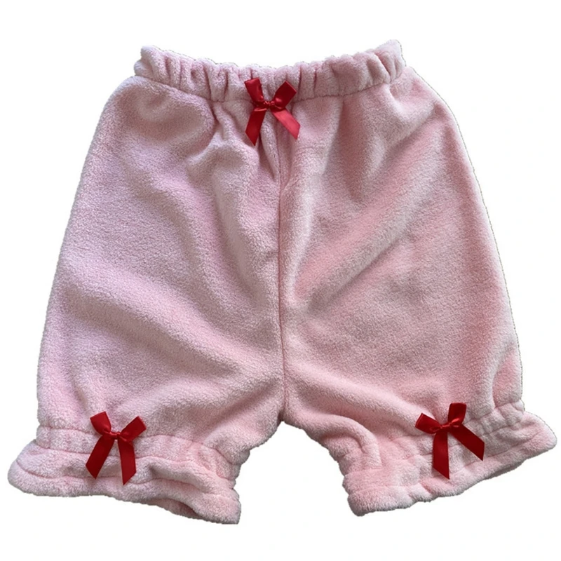 Women Plush Velvet Lolita Bloomers Ruffle Bow Loose Pumpkin Pants Thermal Shorts