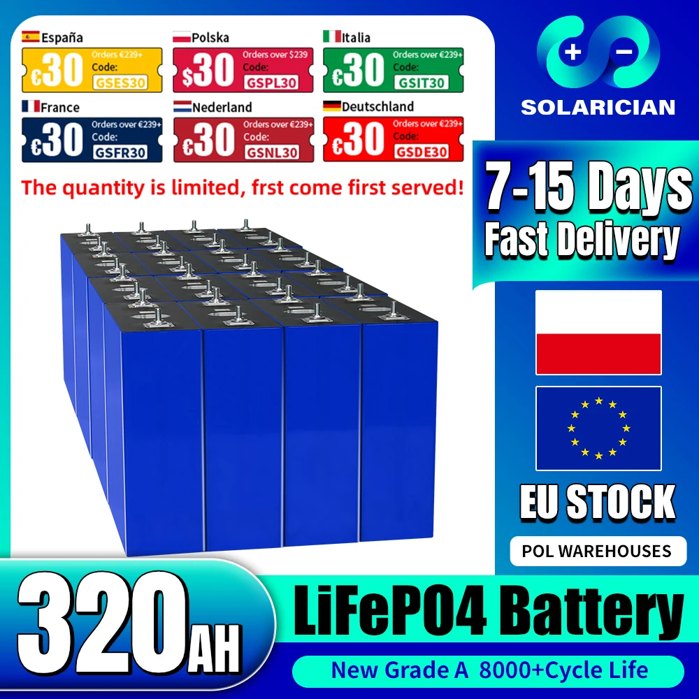 8000 Cycles Grade A 320Ah LiFePO4 Battery 3.2V Lithium Iron Phosphate Rechargeable Cell DIY 12V 24V 48V RV EV Golf Cart Solar