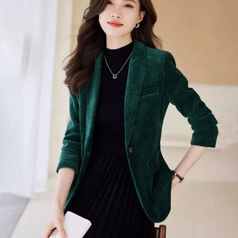 Spring Autumn Women Blazers New Fashion Solid Corduroy Suit Ladies Business Office Formal Coat Short Jacket Single Button Blazer