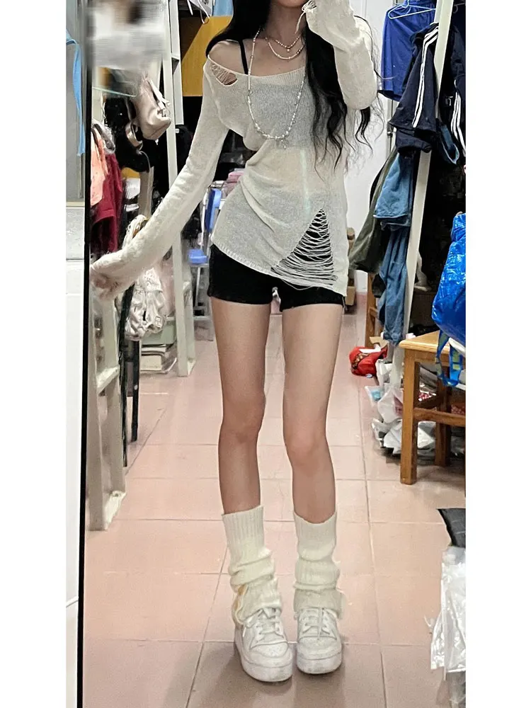 Women's Long Sleeve T-Shirt Summer Thin Design Sense Slim Fit Sexy Hole Punching Casual round Neck Top Korean Style Commute