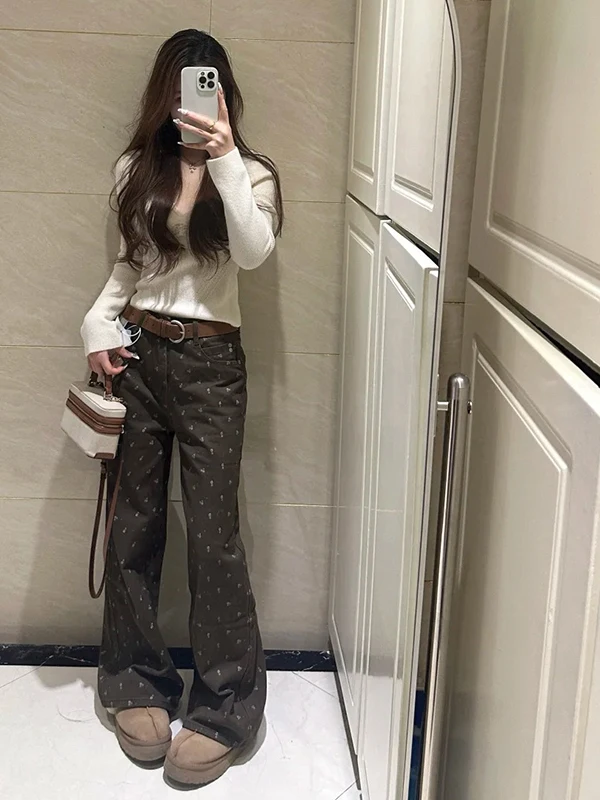 กางเกงยีนส์ทรงตรงหลวมลายดอกไม้สีน้ำตาลสไตล์เรโทรสำหรับผู้หญิง ฤดูใบไม้ร่วง ฤดูหนาว รุ่นใหม่ Sle PmORh เอวสูง ยาวคลุมเท้า