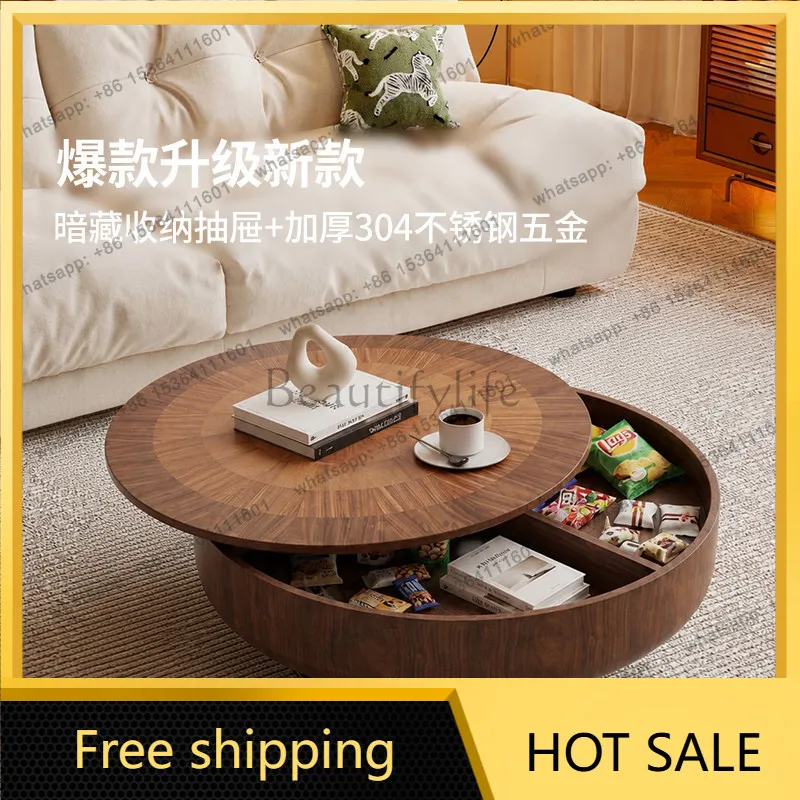 LS antique round solid wood coffee table living room home designer stainless steel storage coffee table