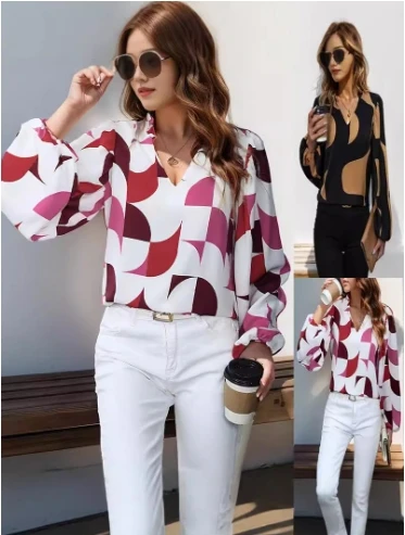 

Woman Clothes Blouse Tops Elegant Commuting Street Trendy Geometric Print V-neck Lantern Long Sleeved Loose Fit Shirt