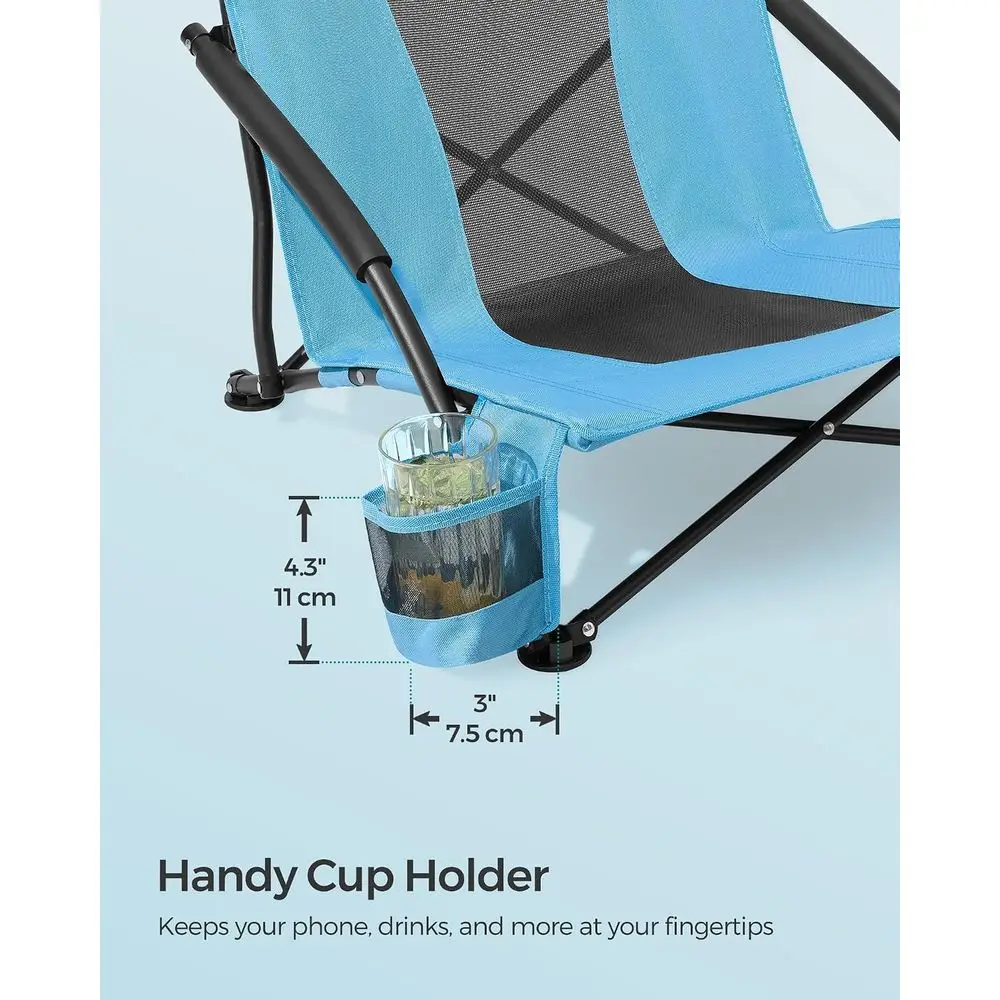 Set of 2 Portable Beach Chairs for Adults, Max Load 330 lb Each, High Backrest, Cup Holder, Lightweight, Heavy-Duty, Light Blue