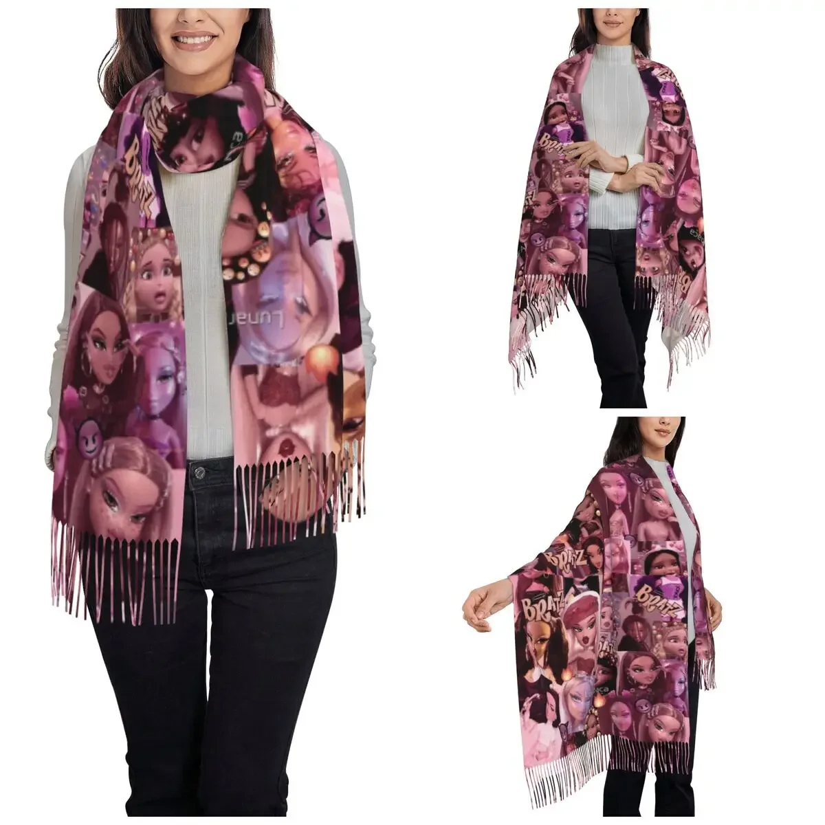 Bratz Barbied Pink Scarf for Women Fall Winter Pashmina Shawls and Wrap  Kawaii Long Large Scarves with Tassel Daily Wear