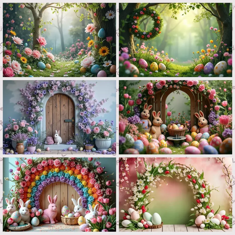 

MOON.QG Easter Decoration Photography Backdrop Rabbit Rainbow Spring Grass Photocall Background Children Studio Photozone Props