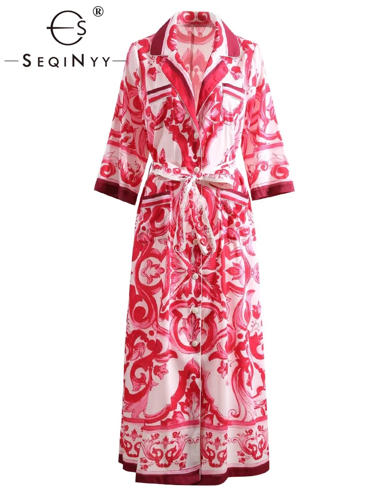 

SEQINYY Sicily Midi Dress Summer Spring New Fashion Design Women Runway High Street Vintage Red Flowers Print Pockets Loose Belt