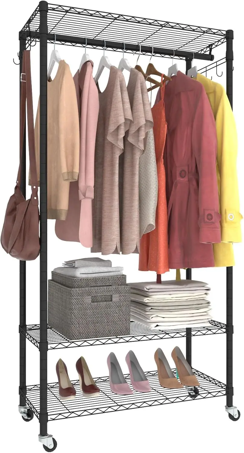 

Rolling Portable Garment Rack,Freestanding Clothes Racks, Portable Closet Wardrobe With 3 Adjustable Wire Shelves,2 Side Hooks,