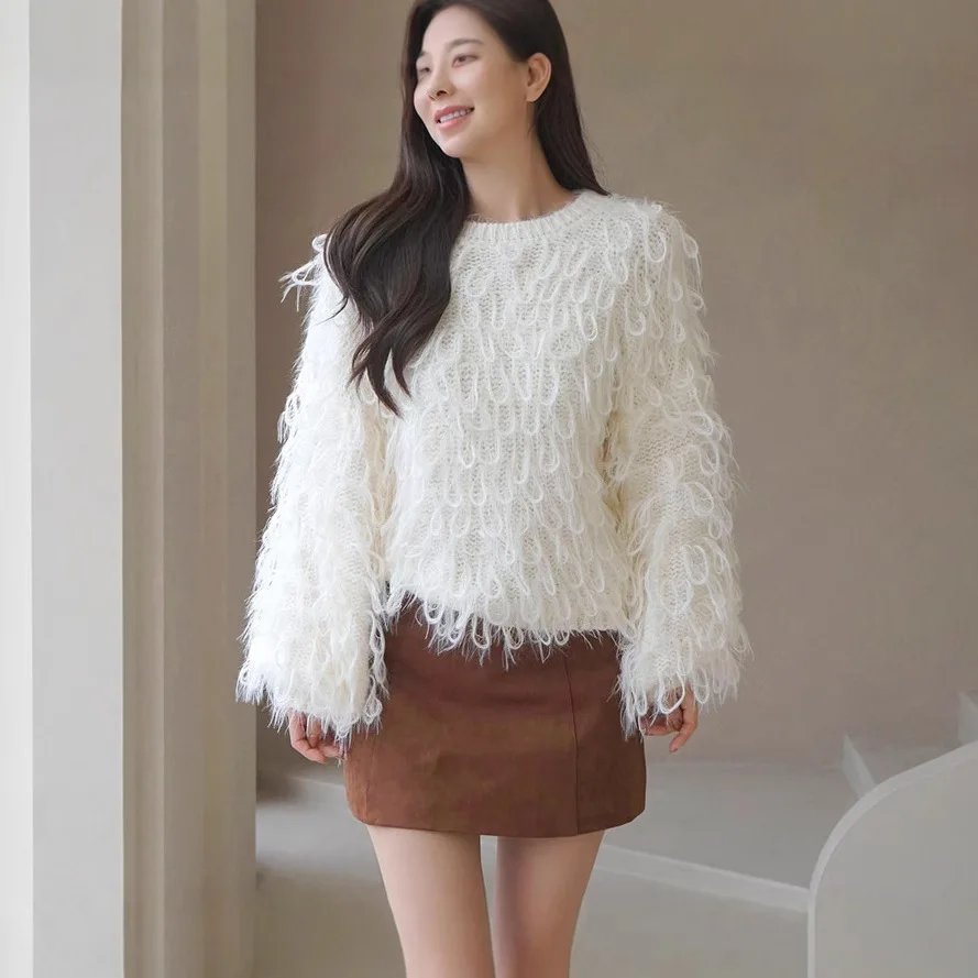 KUSAHIKI Autumn Winter Base Shirt Fashion Knitted Sweater Top Causal Short Tassel Pullover Knitwear