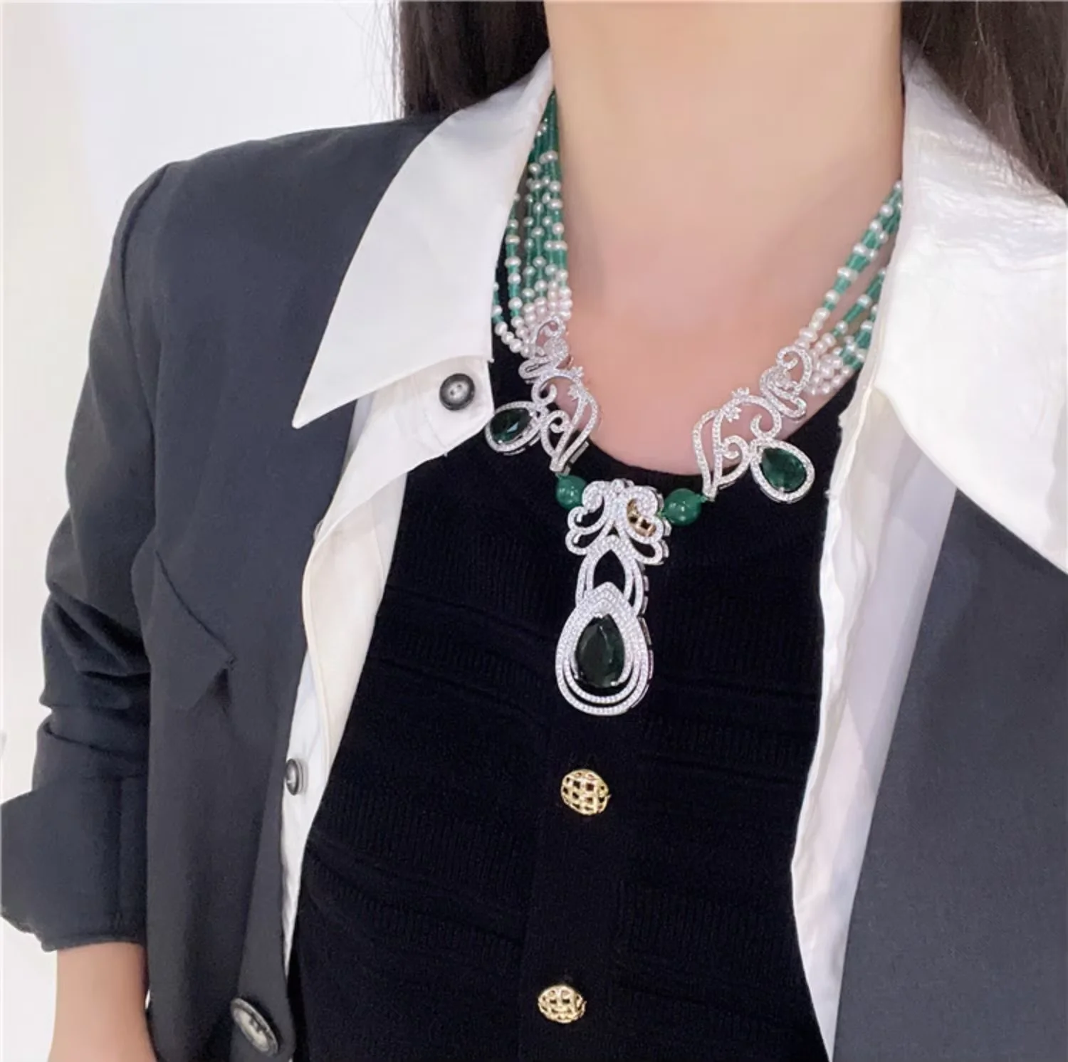 16” 3mm Green Aventurine With White Pearl Necklace Big CZ Pendent