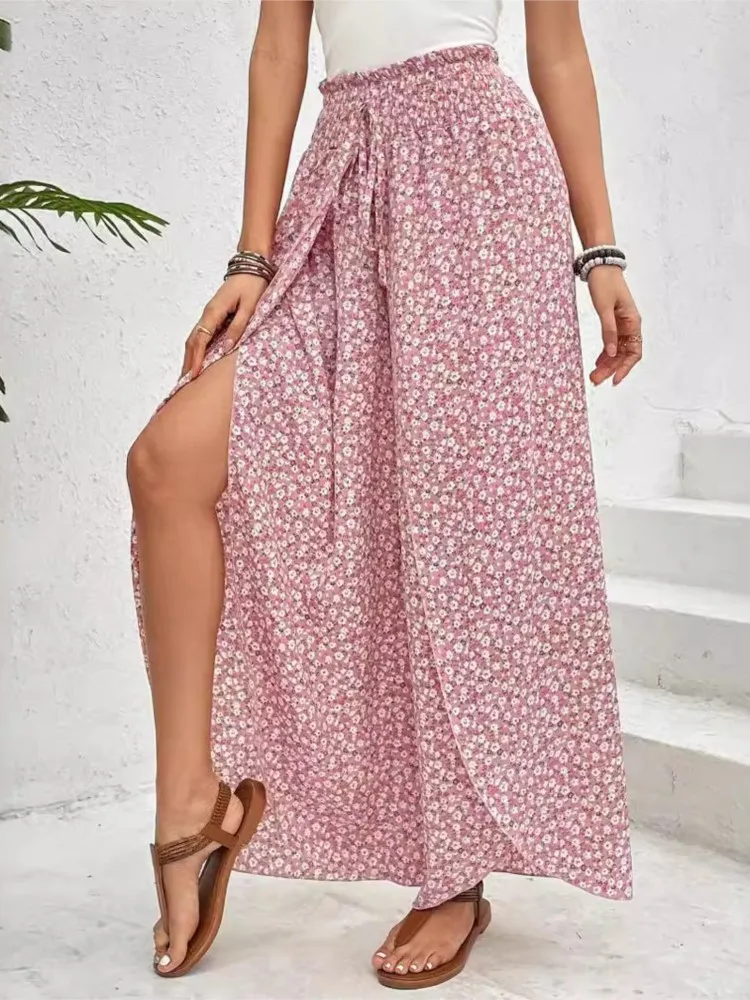 Luźne spodnie damskie Boho Casual Wide Leg Long Pant 2024 Summer New Fashion Floral Side Slit Spódnica z szerokimi nogawkami Kobiety Wakacje na plaży