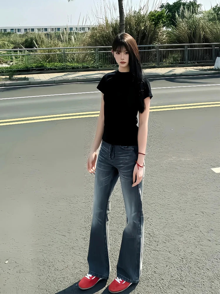 

American High Street Vibe Men's Jeans Black Grey Slim Straight Leg Micro Flared Pants Youthful Trendy Wear Resistant Cotton P...