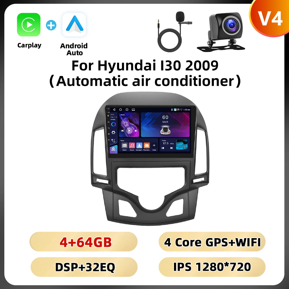 Podofo 9'' 8+128GB autoradio voor Hyundai I30 2009 multimediaspeler 8-core WIFI 4G Carplay Android auto GPS spiegeling auto audio