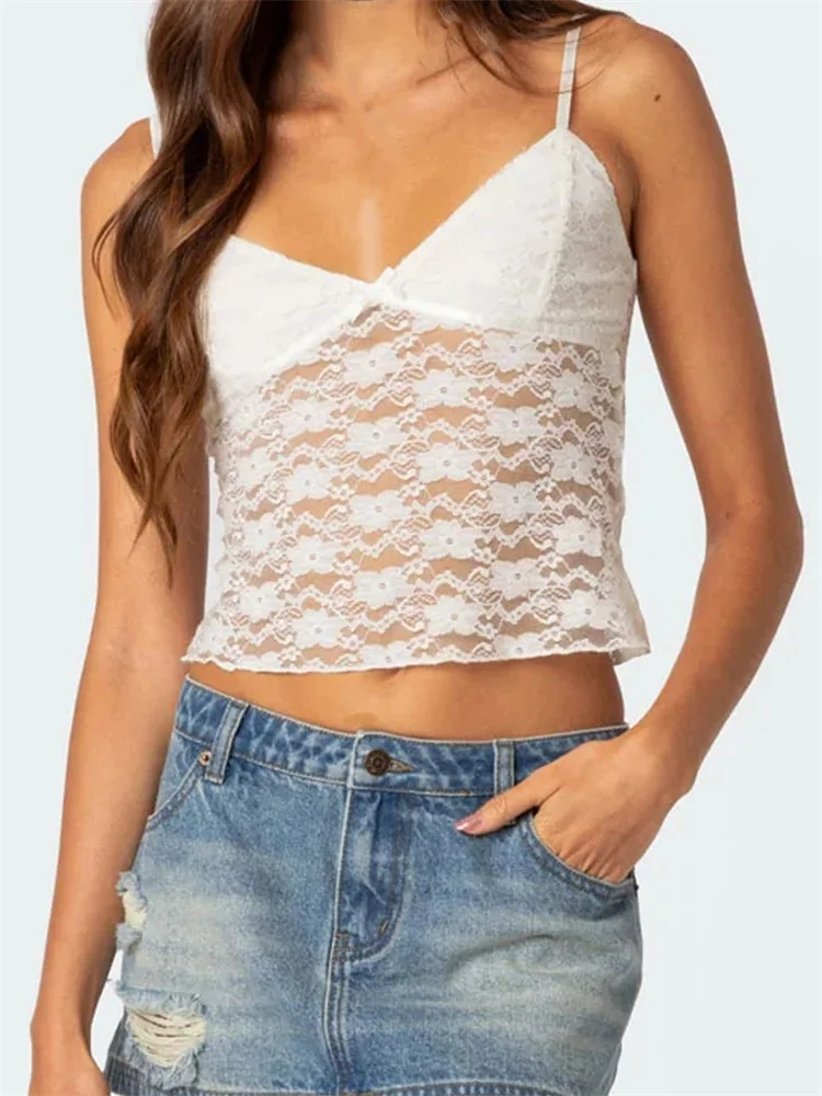 CHRONSTYLE Women Floral Lace Crop Camis Tops Summer Backless Spaghetti Strap Tank  Sleeveless Mini Vest for Streetwear Clubwear