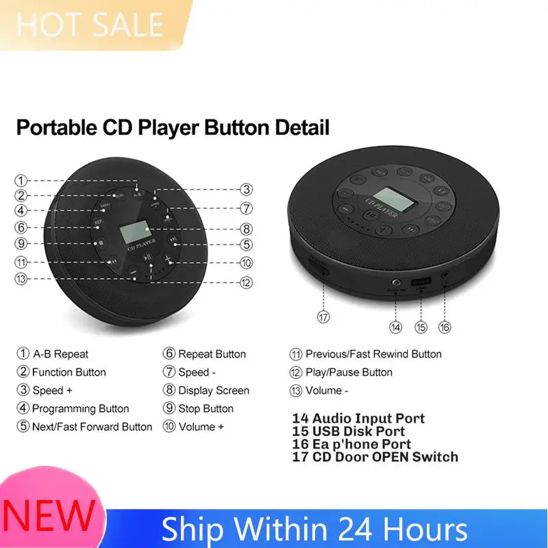 ~【IN  Stock】MP3 Compatible Portable CD Player With Anti Skip Feature Built In Speaker For Car Support Recording Mic