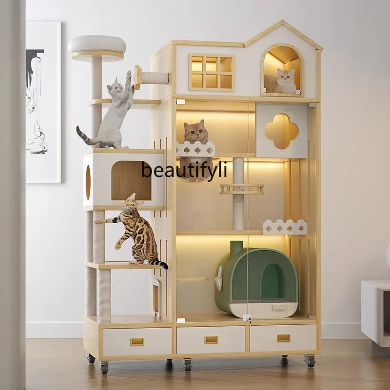 Cat villa household indoor cat house can put automatic litter box cabinet  climbing frame  toilet integrated cat cage