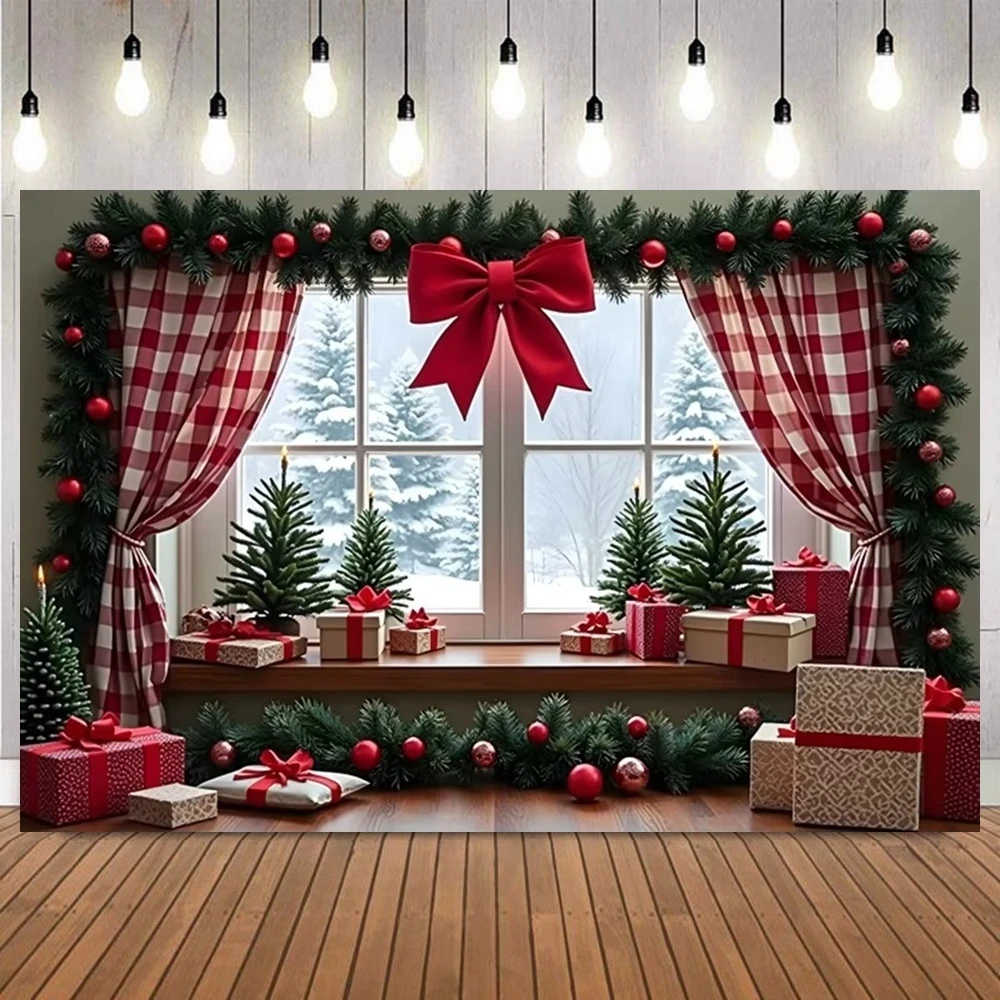 Winter Christmas Backdrop Indoor Gift Pile Curtains Fireplace Wreaths Baby Shower Party Decorations Family Portrait Background
