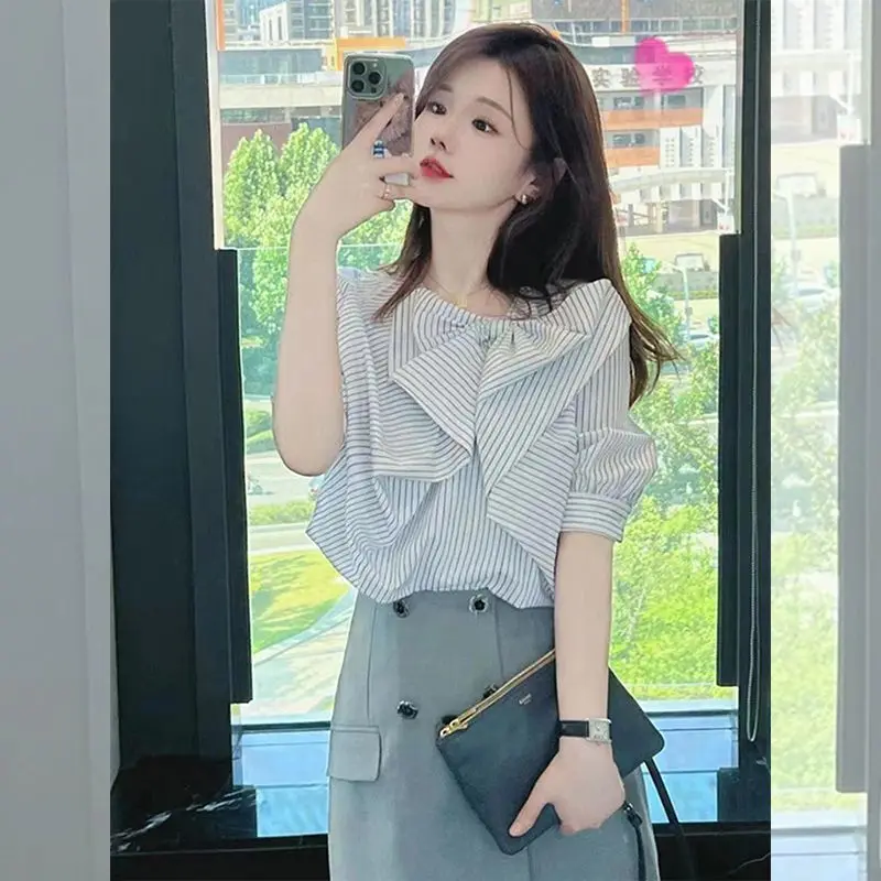 

French Stripe Bubble Short Sleeve Professional Women's Shirt Summer High-End Irregular Ruffle Chiffon Top