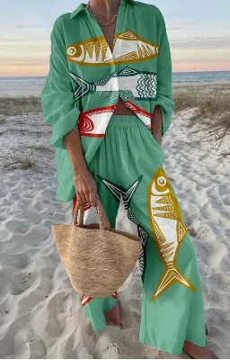 Casual vacanza boho stampato set da 2 pezzi risvolto allentato camicia a maniche lunghe con bottoni vita alta pantaloni a gamba larga vestito primavera nuovo stile