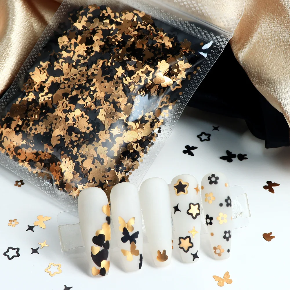

5 г черное золото, объемные блестки для ногтей, бабочка, сердце, звезды, детали, аксессуары для дизайна ногтей, очаровательные микс, блестящие блестки, фигурки для ногтей своими руками