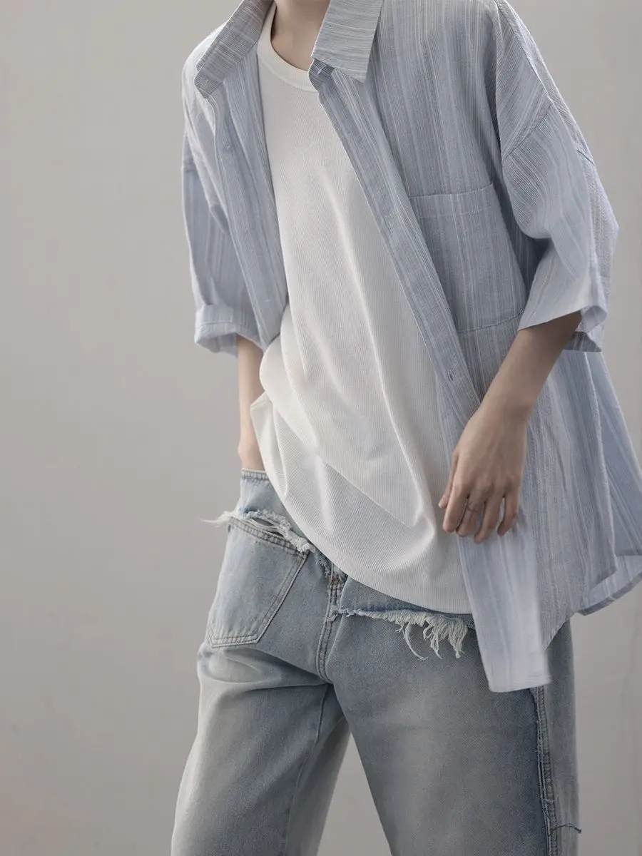 Light and Flowing Oxygen Short-sleeved Shirt for Men Japanese Silhouette Loose Texture Summer Shirt Trendy