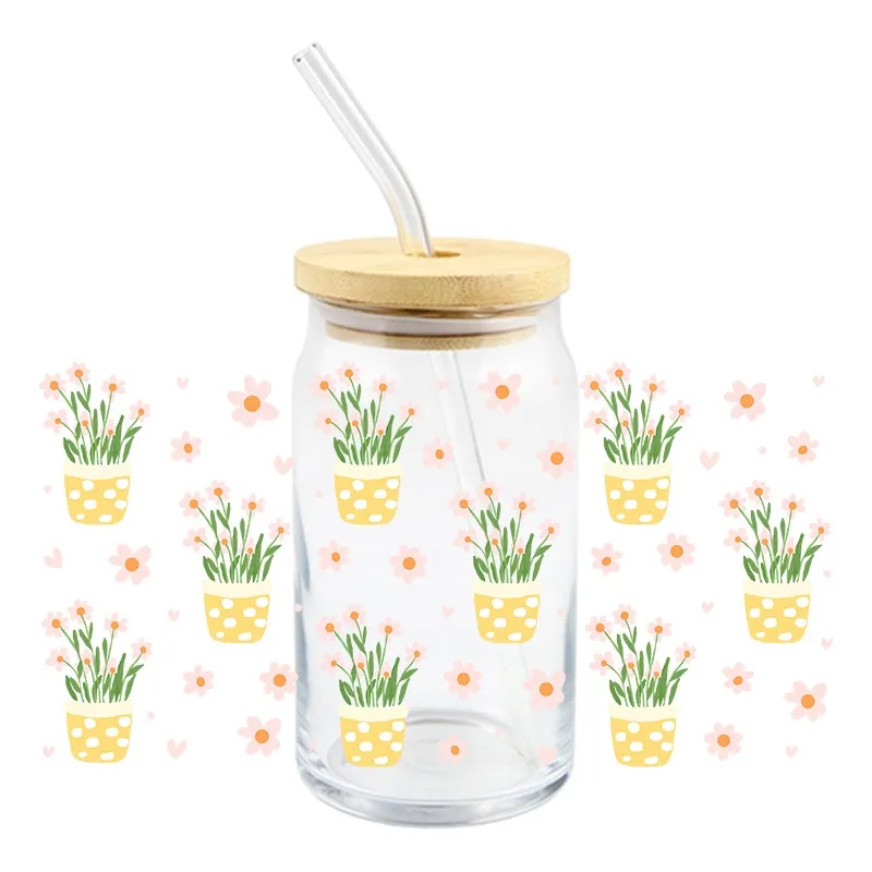 Cartoon UV DTF 3D Flowers Design Theme Transfer Sticker Wraps Cup 16oz Libbey Glass Cup Fashion DIY High Qaulity Decals