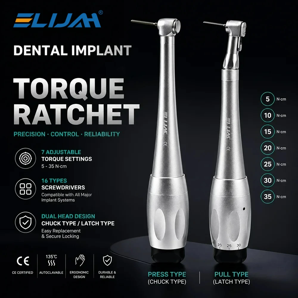 

ELIJAH Dental Implant Ratchet Wrench Push Button&Latch Type 7 Universal Torque Settings with 16 Screwdrivers Dentistry Tools