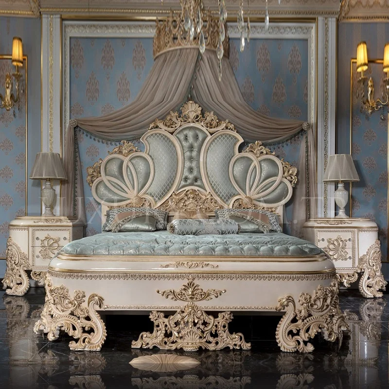 European Style Luxury Personality Bedroom Furniture Oversized Caliornia King Bed Hand Made Carved  Solid Wood Bed