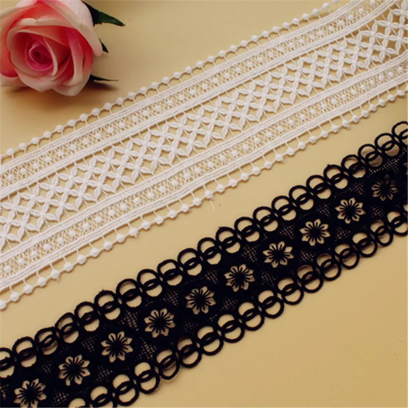 Embroidered Flower Lace Fabric Applique, Polyester Sewing Craft, Crochet, Off White, Black Net, Clothes, 2 Yards/Lot