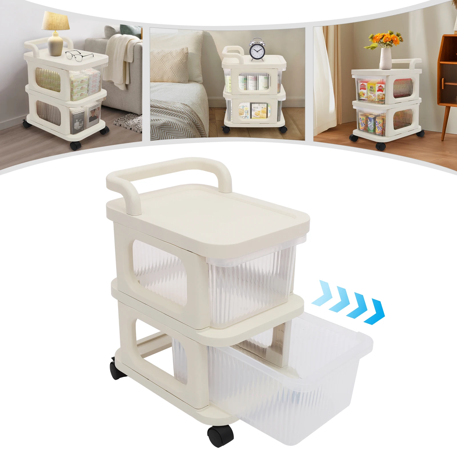 

2 Tiers PP Drawer Storage Cart,White Rectangular Rolling Cart With Wheels 37*28.5*27.5cm for Kitchen,Study