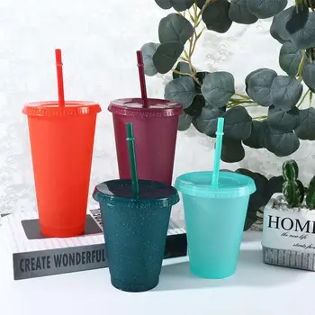 커피 주스용 플래시 물병, 우유 차, 뚜껑이 달린 플라스틱 차가운 컵, 빨대 휴대용 재사용 가능한 음료수 병, 480 ml, 700ml 