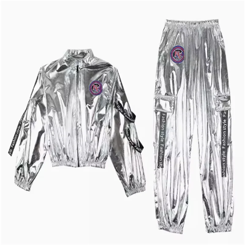 Hip Hop Boys Silver Jacket Girls Jazz Jogger Pants Street Dance Mini Skirt Clothes Sets Kids Sequin Costumes Child Streetwear