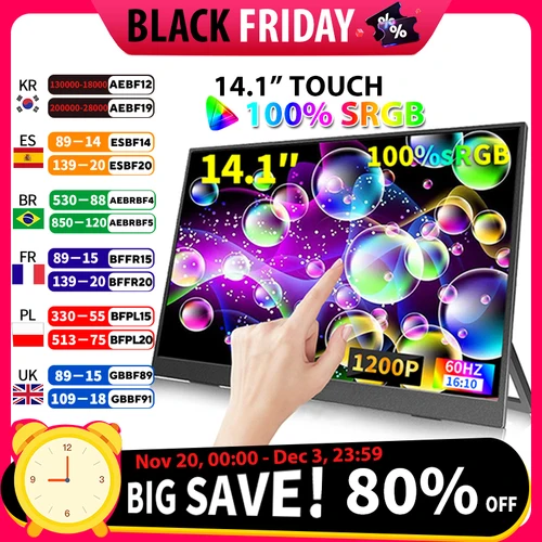 Monitor portátil con pantalla táctil de 14,1 pulgadas, 100% sRGB, 400cd/m2, ordenador para juegos, pantalla ampliada para XBox PS4/5 Switch Loptop