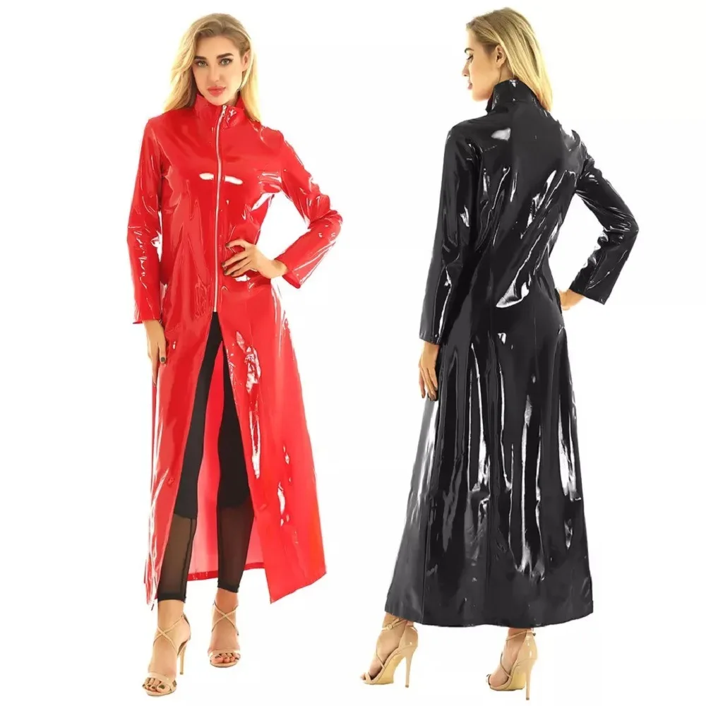 Fashion PU Mirror Glossy Leather Long Dress for Women Windbreaker Long Leather Dress