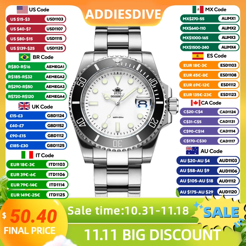 ADDIESDIVE Miyota 2115 Men's Diver Quartz Watch Ceramic Bezel AR coating BGW9 Luminous Watches for Men Date Display Male Clock