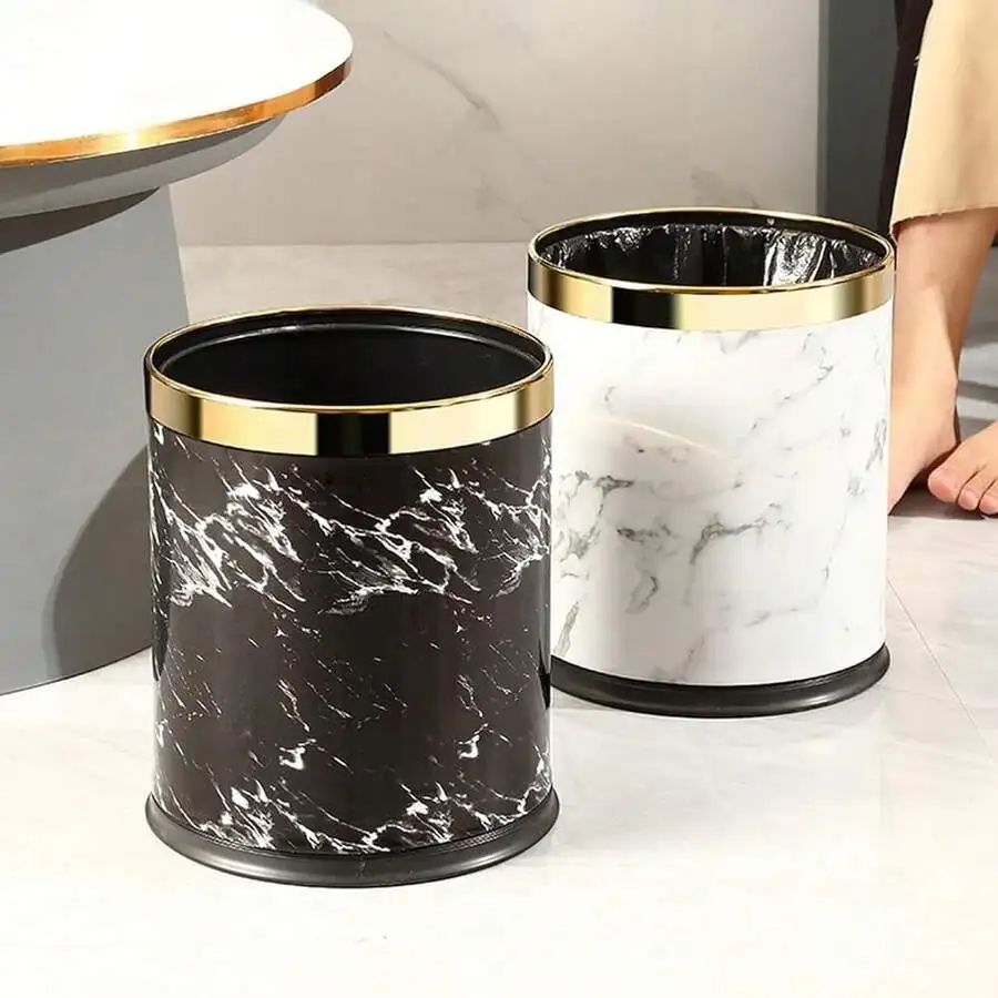 

Marble Print Open Top Trash Can With Metal Rim Round Waste Bin For Office Home