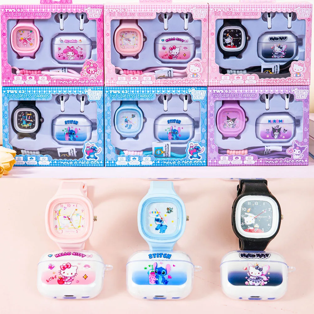 

Cartoon Stitch Hello Kitty Children's Watch with Wireless Earphones Exquisite Gift Set Student Cartoon Quartz Watch Holiday Gift