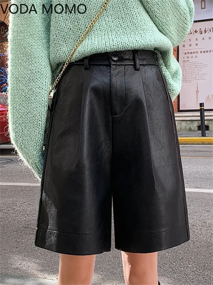 S-4XL Fashion PU Leather Shorts Women's Spring And Autumn Bermuda Elastic Waist Loose Five Points Leather Trouser Shorts